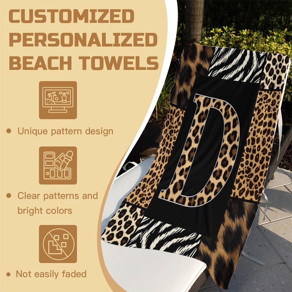 Animal Print Monogram Beach Towel, Leopard Zebra Tiger Initial Microfiber Quick Dry Sand Free Towel, Gift for Animal Lovers