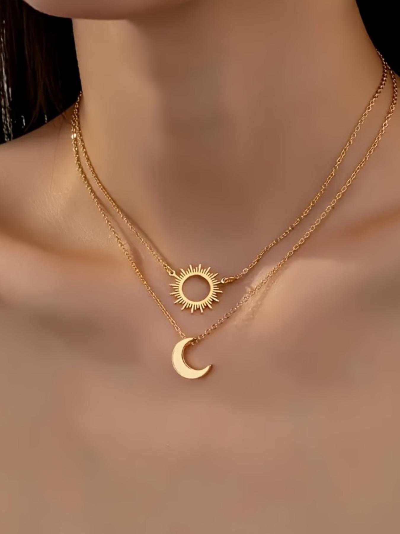2 vintage Bohemian style sun and moon pendant necklaces, women's 18K gold plated stainless steel double-layer layered necklace, perfect for summer and beach vacation decoration