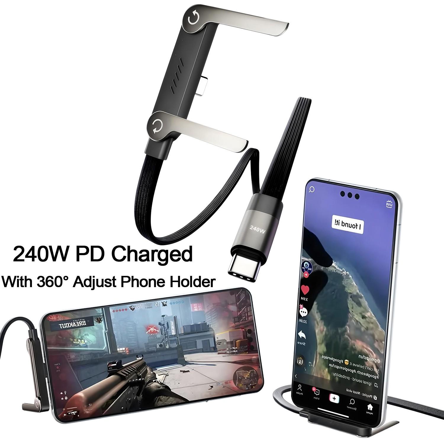 240w Super Fast Charging Data Cable, Foldable Phone Stand for iPhone 15-17 Android, Type C to C Braided 360° Rotating Charger Line