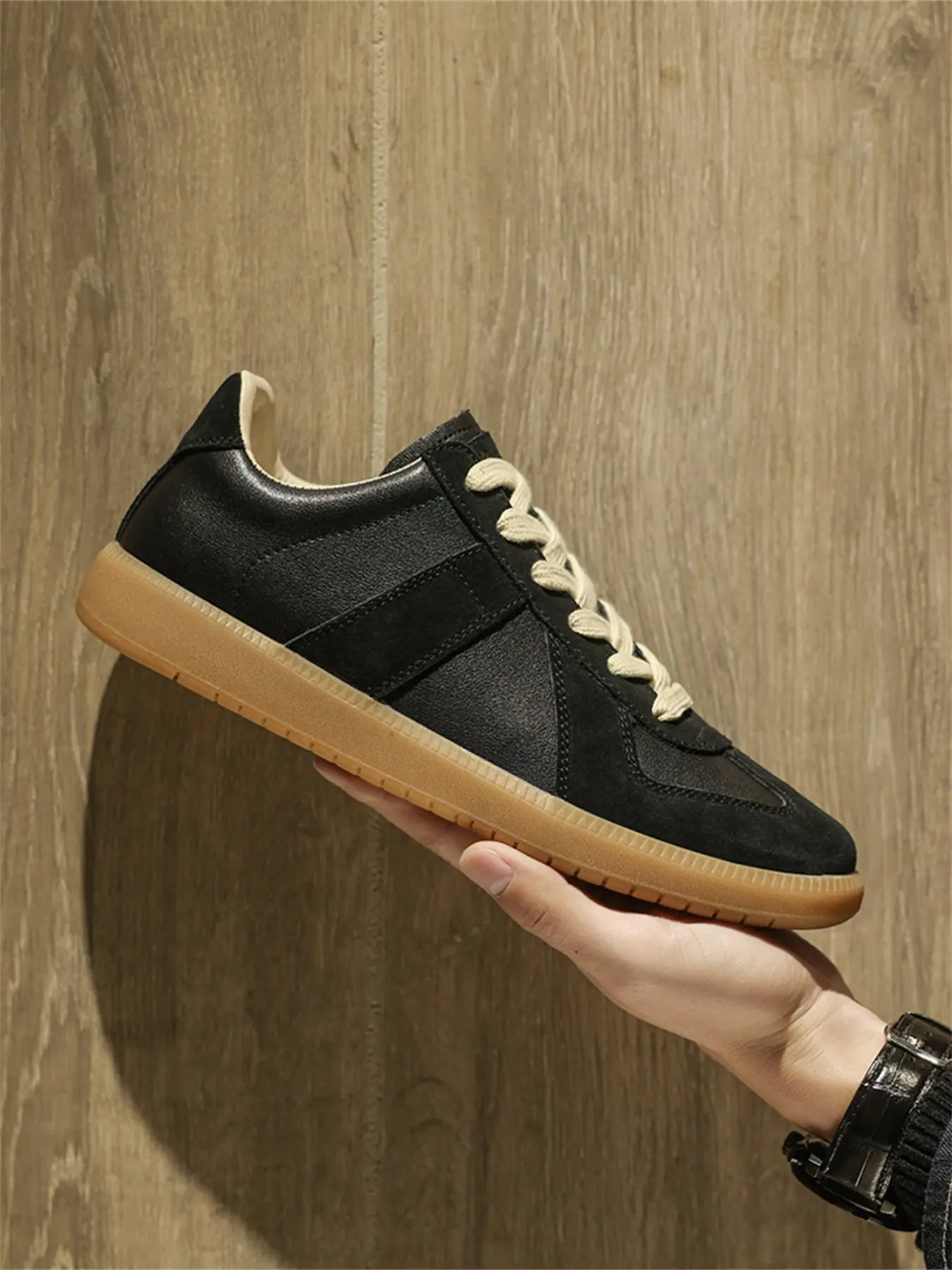 Men's Genuine Leather Colorblock Lace Up Low Top Sneakers, Casual Comfortable Shoes, Breathable Closed Toe German Training Retro Running Shoes for Daily Wear