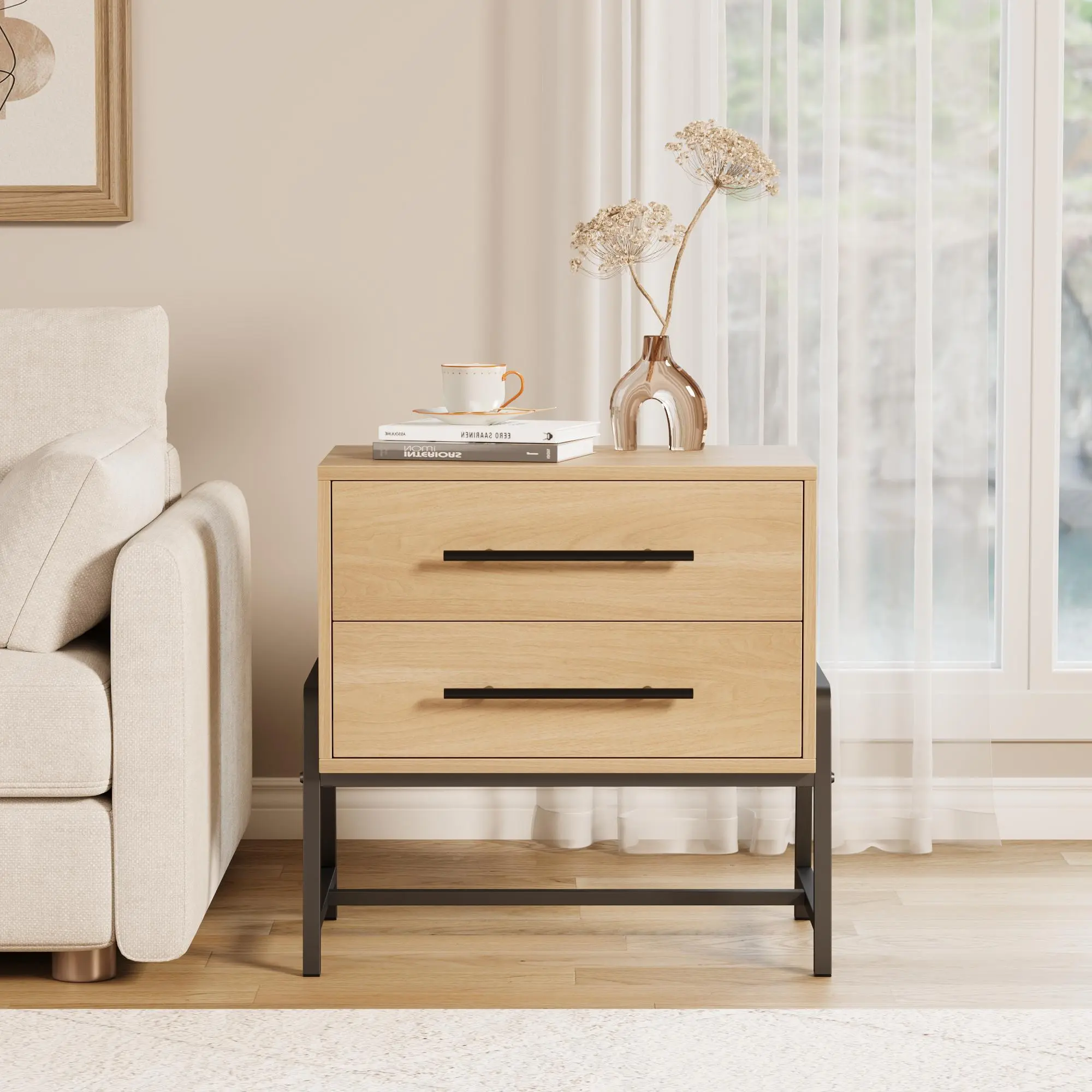 Farmhouse Nightstand with Drawers, Small Wooden End Table with Metal Legs, Rustic Bedside Table & Sofa Side Table, 2 Drawer Storage Cabinet for Bedroom, Living Room
