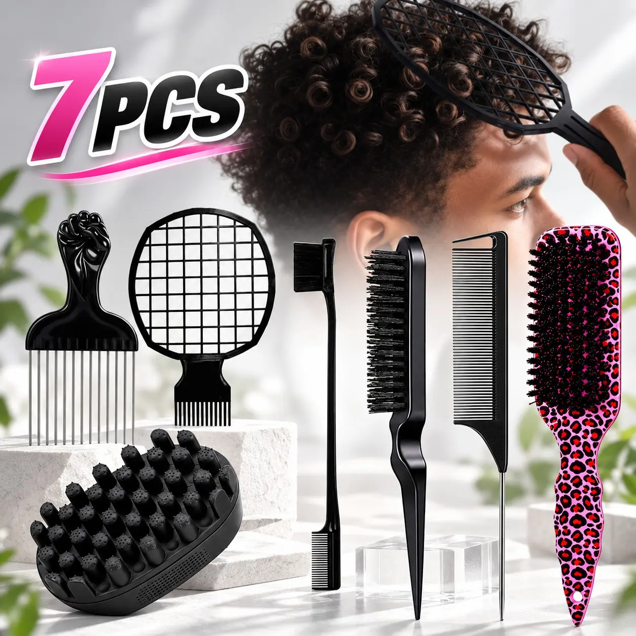 7-Piece Multi-Functional Hair Styling Comb Set, Includes Afro Pick, Curl Sponge, Grid Comb, Side Brush, Styling Brush, Tail Comb, Leopard Pad Comb, Hair Tools