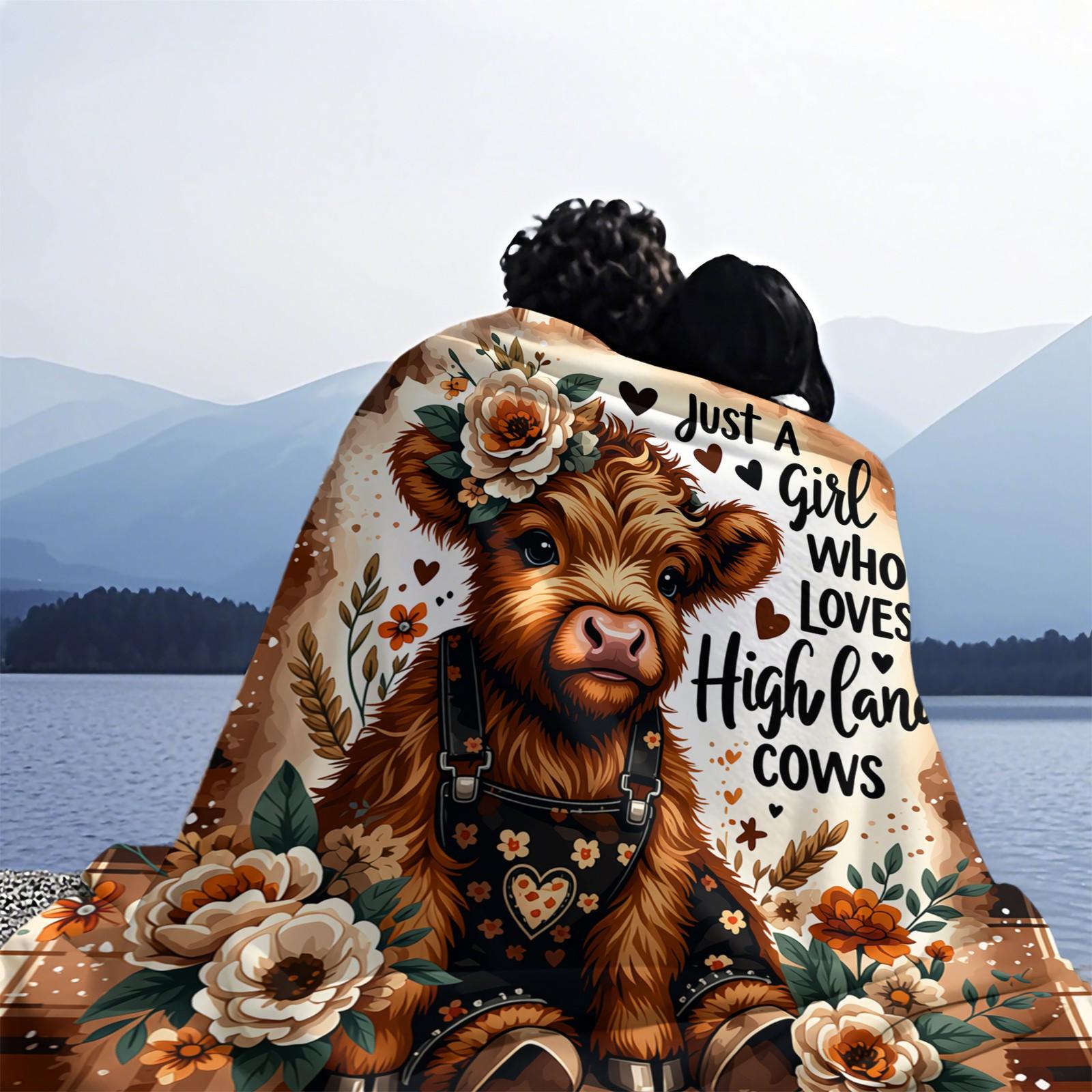 Just A Girl Who Loves Highland Cows Lightweight Throw Blanket, Soft Flannel Fleece Cute Highland Cow Floral Blanket, Western Plaid Nap Blanket for Couch Bed Office Travel, Ideal Gift for Highland Cow Lovers Women Girls Teens