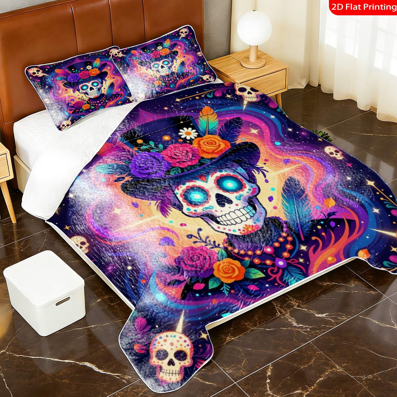 3 pcs, 2D Flat Print Day of the Dead Skull Art Bedspread Set, Soft and Comfortable, Multiple Sizes Available, Suitable for Gifting and Daily Use, Ideal for Creating a Cozy Home Atmosphere(1 bedspread , 2 pillowcases)