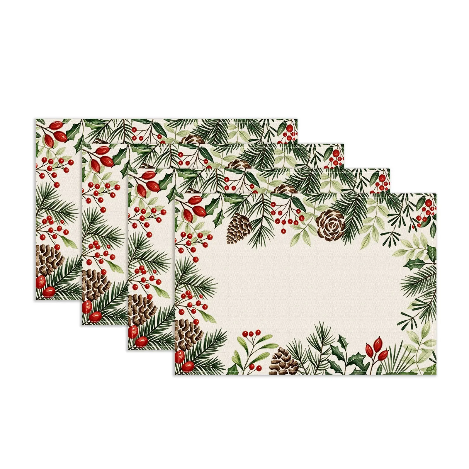 4/5/6/7Pcs Christmas Table Runner & Placemats Set, Vintage Pine‑Branch, Pinecone, Holly & Red‑Berry Border Print Heat‑Resistant Table Mats, Indoor & Outdoor Festive Tablescape Decor for Family Holiday Gatherings & Christmas Party Decor