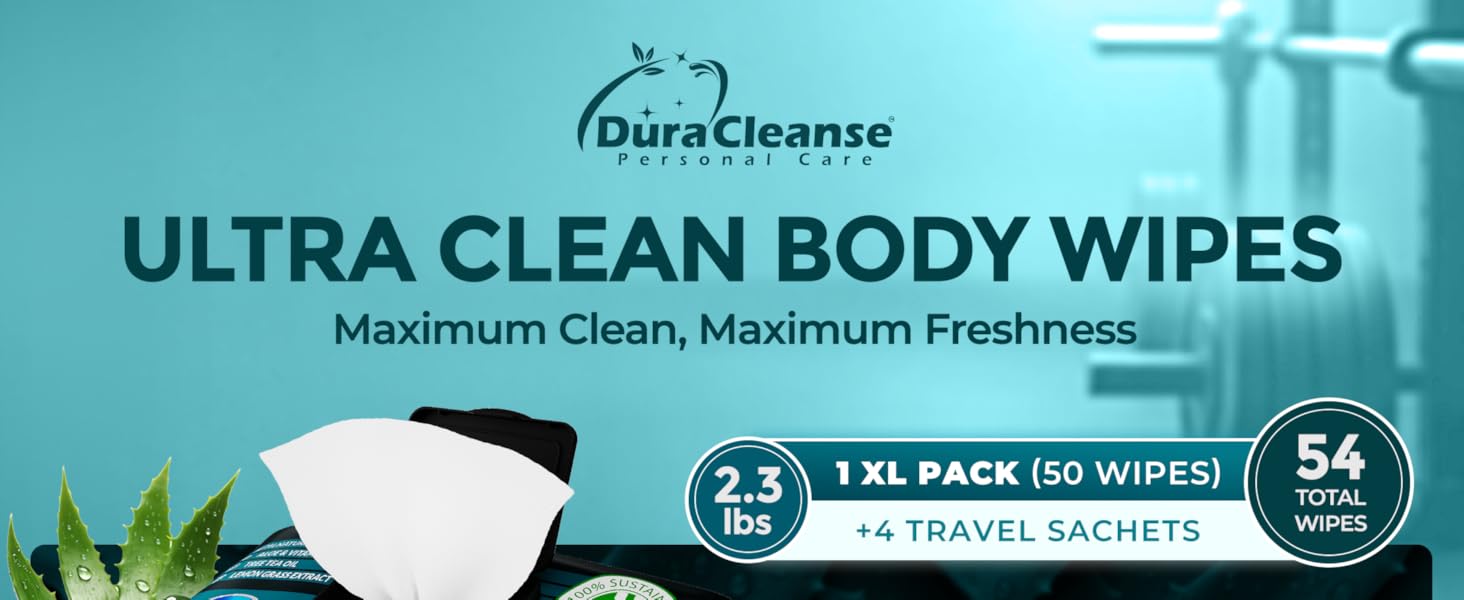 XL Body Wipes for Men - 50 No Rinse Shower Sheets + 4 Travel Bath Sachets - 10 x 11.5" After Gym Mens Deodorant Wipes - Adult Disposable Washcloths, Face Towels for Camping & Gear