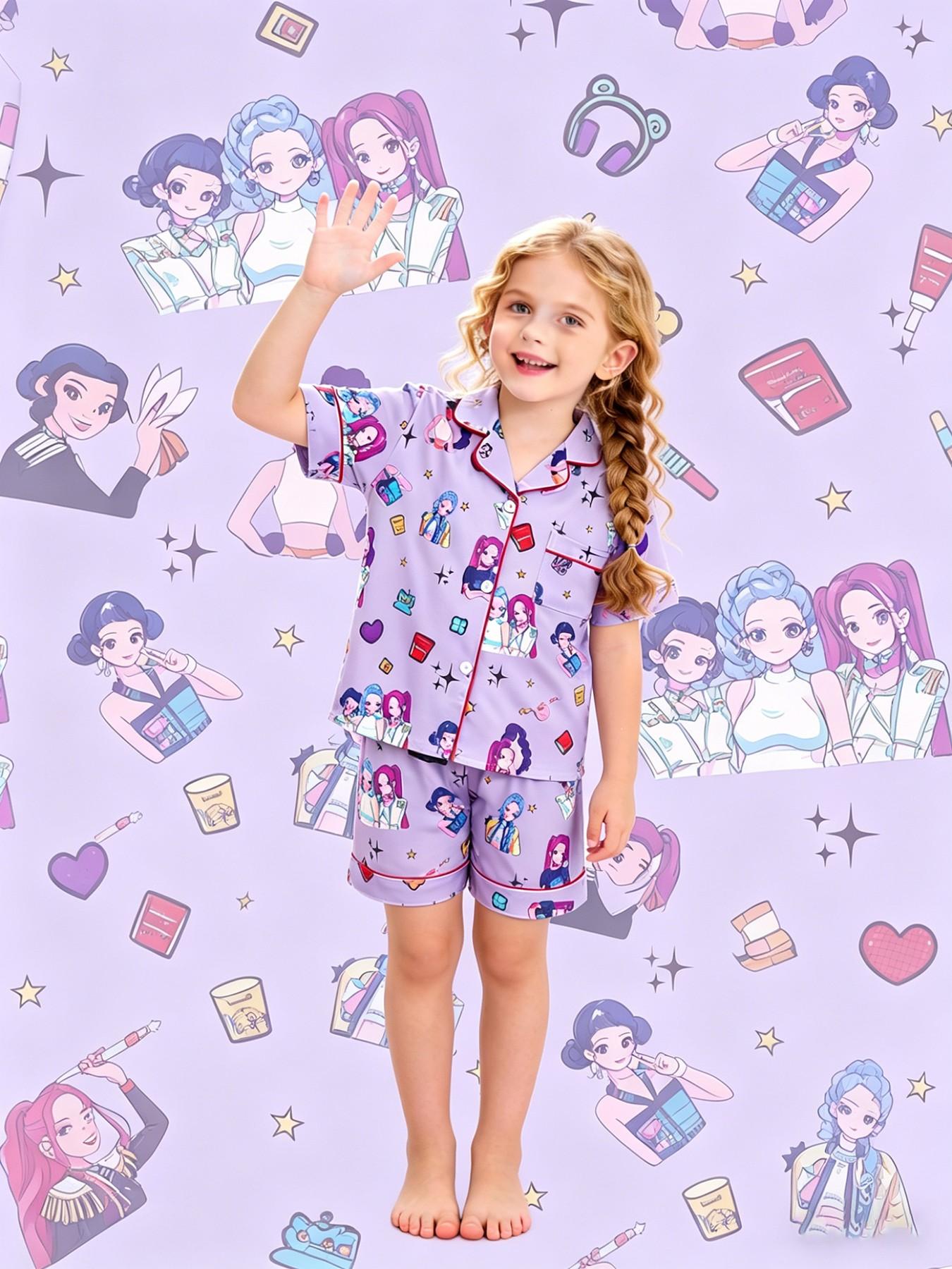 2-piece children's set featuring full-body K-pop cartoon girl prints, short sleeves, shorts with soft and comfortable top, small pockets, lapel design, elastic waistband, suitable for year-round home wear, casual leisure children's pajama set