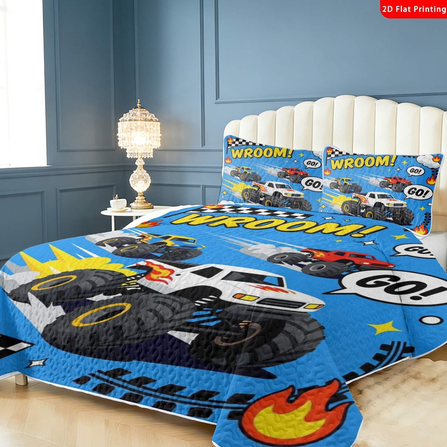 TikTok Made Me Buy It! Boys' Favorite Monster Truck Bedding 3Pcs Set | 1 Bedspread & 2Pillowcases, Racing Car Theme, Perfect Gift for Kids