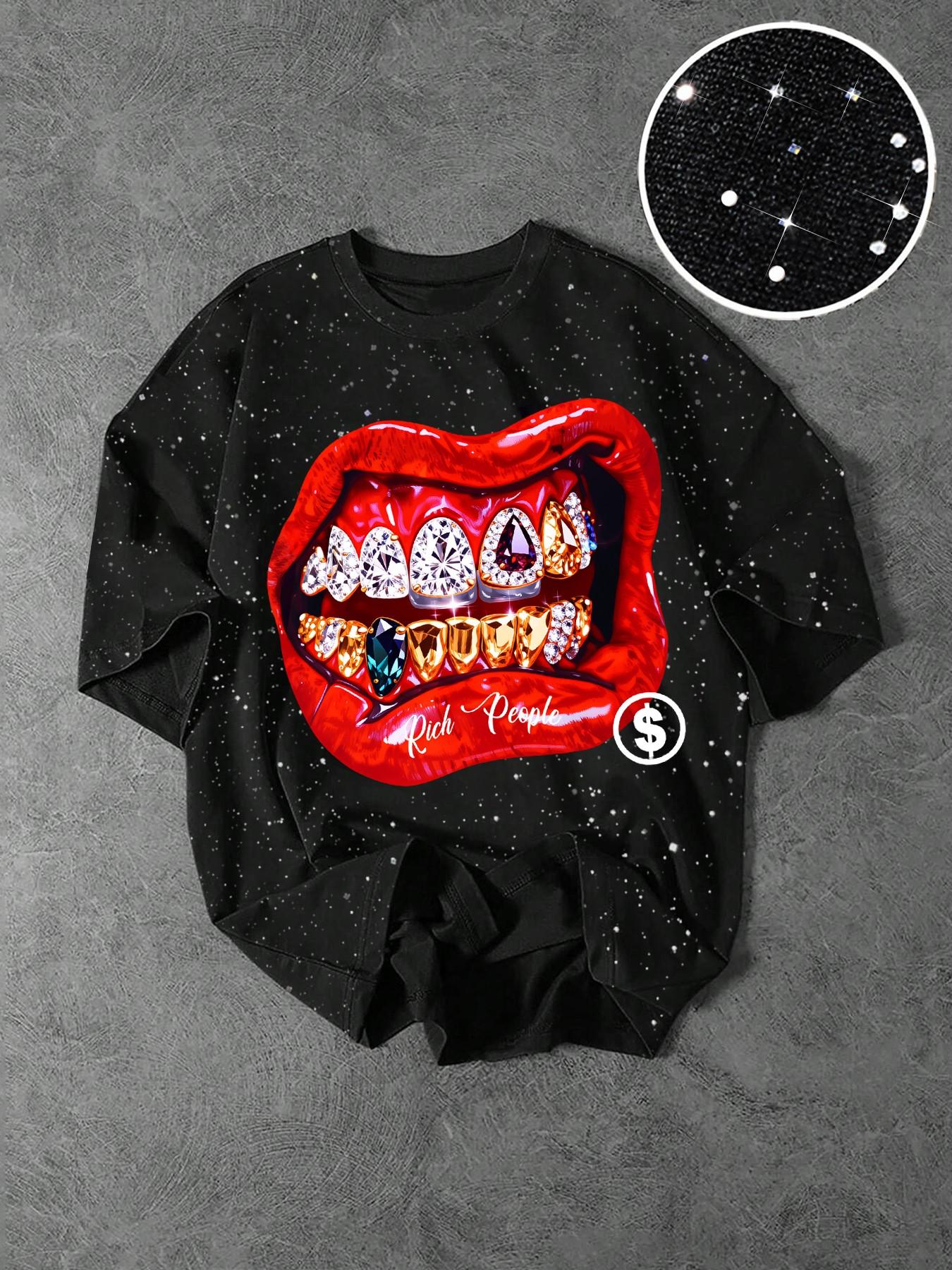 Men's Casual Short Sleeve T-Shirt, Bold Lip Print, Teeth & Dollar Sign, Silver Color Fabric, Slim Fit, Summer Streetwear