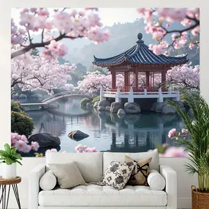 1 piece Asian tapestry - Japanese pavilion and cherry blossom decoration, pink cherry blossom background with red roof, no electricity required, easy-to-hang soft landscape painting, suitable for living room, bedroom, office - traditional Chinese and Japa