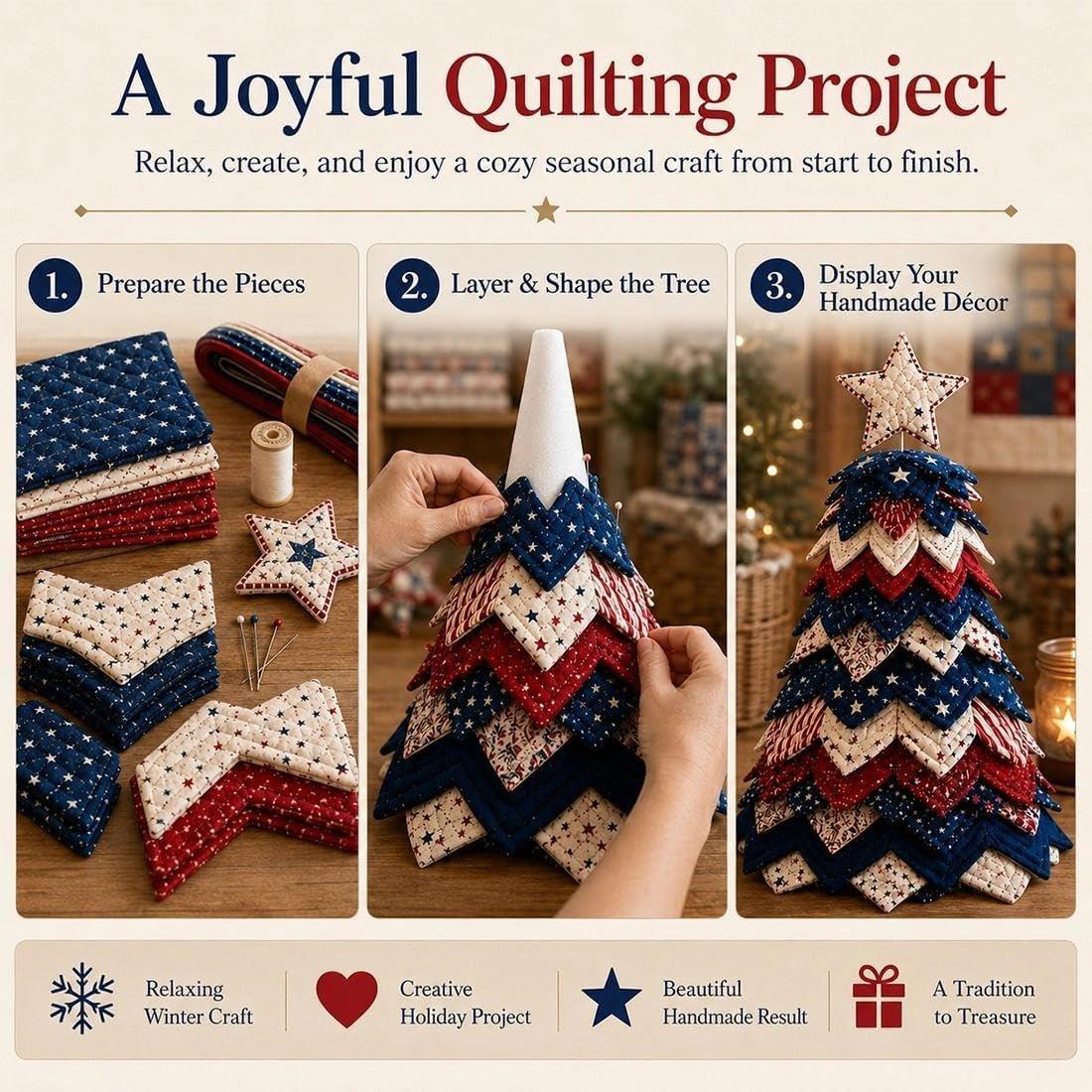 Americana Christmas Tree Quilt Kit,Christmas Patchwork Fabric DIY Kit (1PC) | Red,White,and Blue Stars & Stripes Patchwork Craft Kit for Adult Beginner,Gifts for Quilting Lover