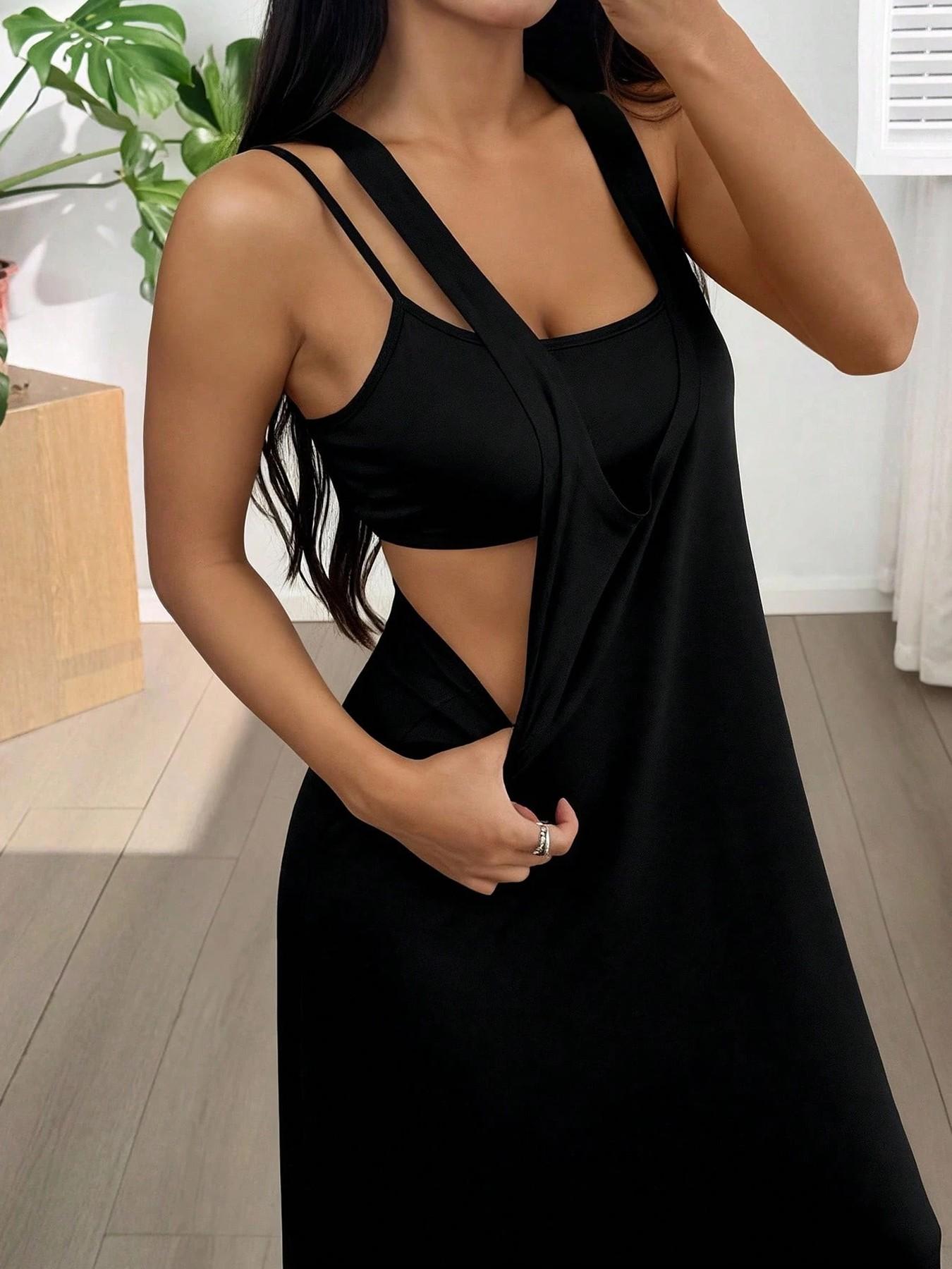 Women's 2pcs Heather solid color Casual Wear Tank Top & Cutout Maxi Dress Set , Soft Stretchy Fabric & Double-Strap Design