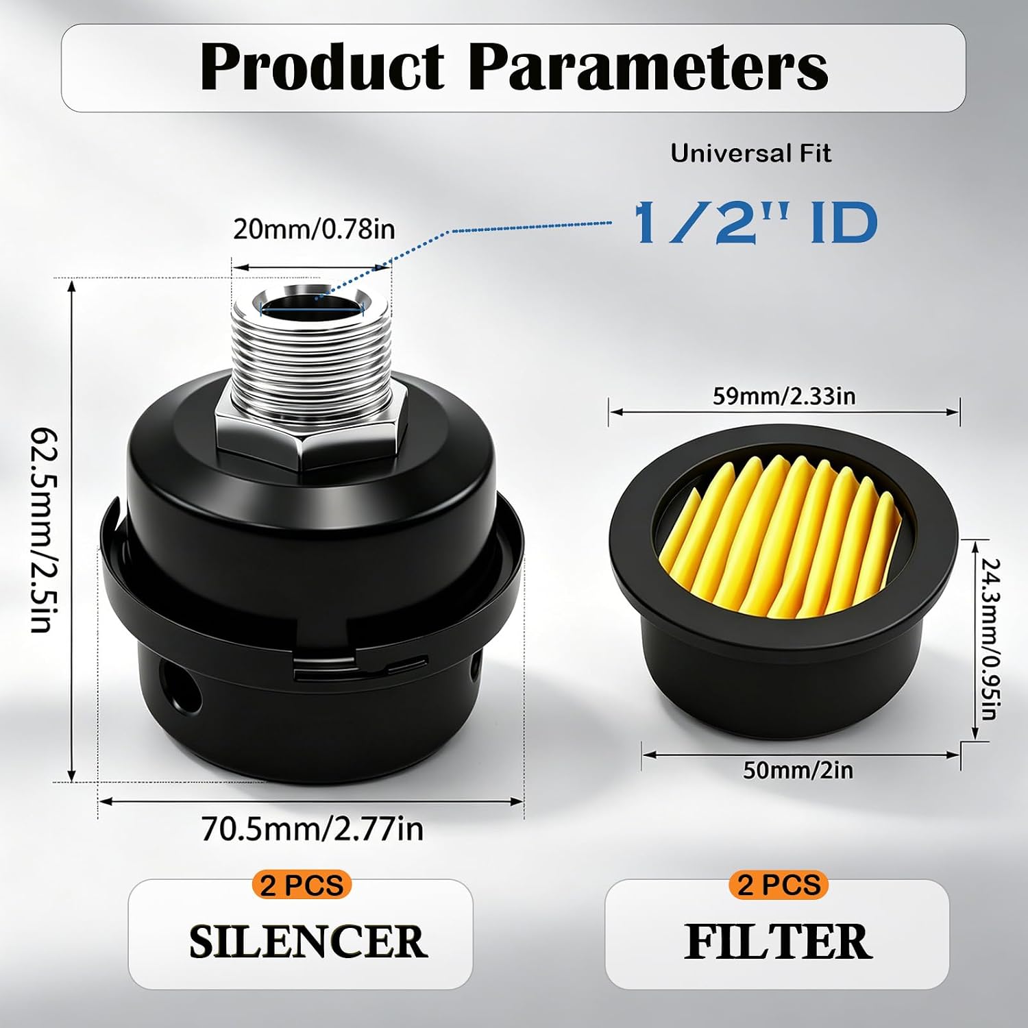 2 count 1/2" Thread Air Compressor Silencer,Air Compressor  Filter Sound Muffler Accessories 20mm for generators,blowers, exhaust ports