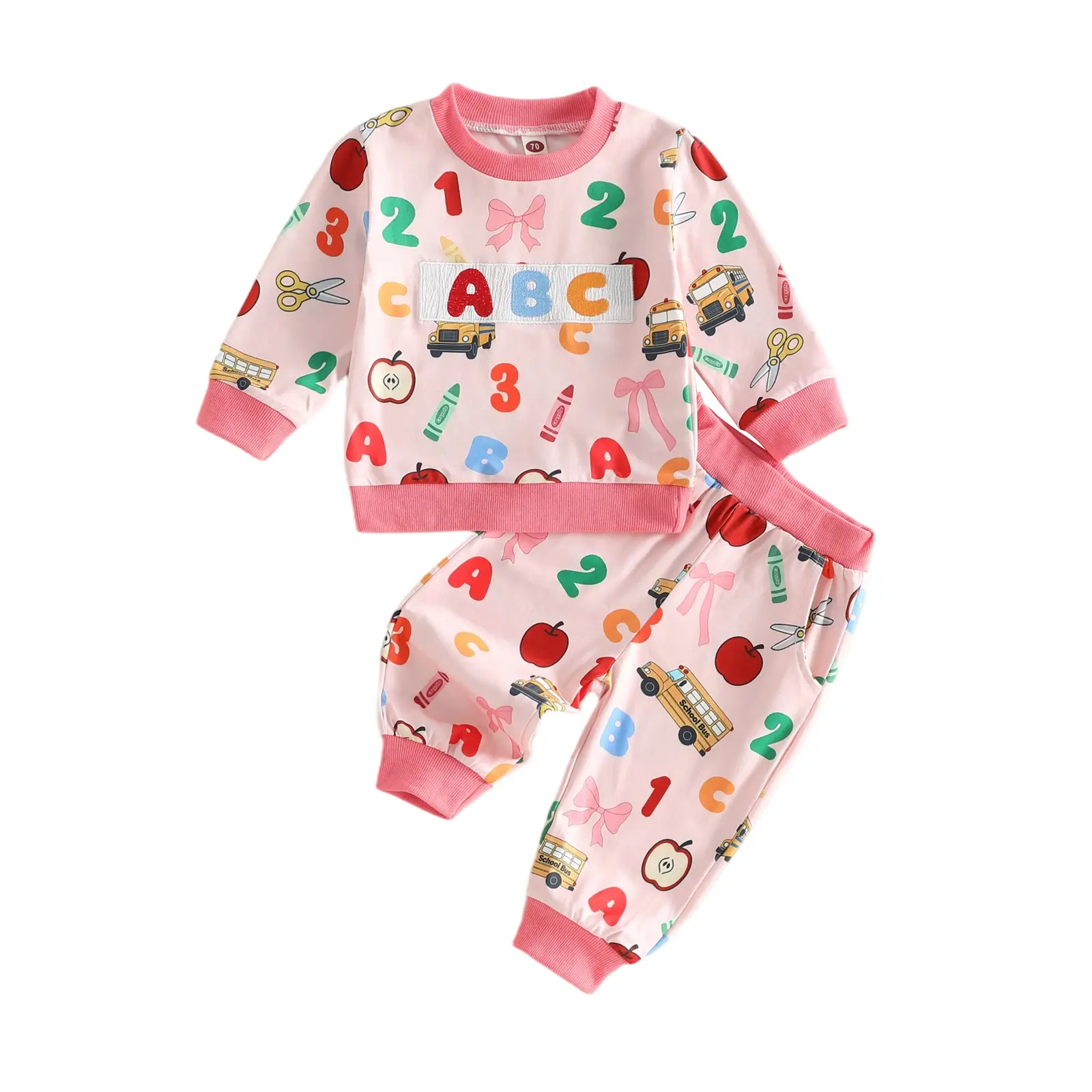 Meihuida Toddler Baby Little Boy Girl Back to School Outfit Long Sleeve ABC Embroidery Apple Pencil Print Pullover with Pants 2Pcs Fall Clothes 1-6T