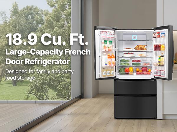 VEVOR French Door Refrigerator, 18.9 Cu. Ft. Kitchen Fridge, Counter Depth French Refrigerator with LED Display and 4 Casters, Frost-Free Bottom Freezer Refrigerators for Home Commercial Use, Black