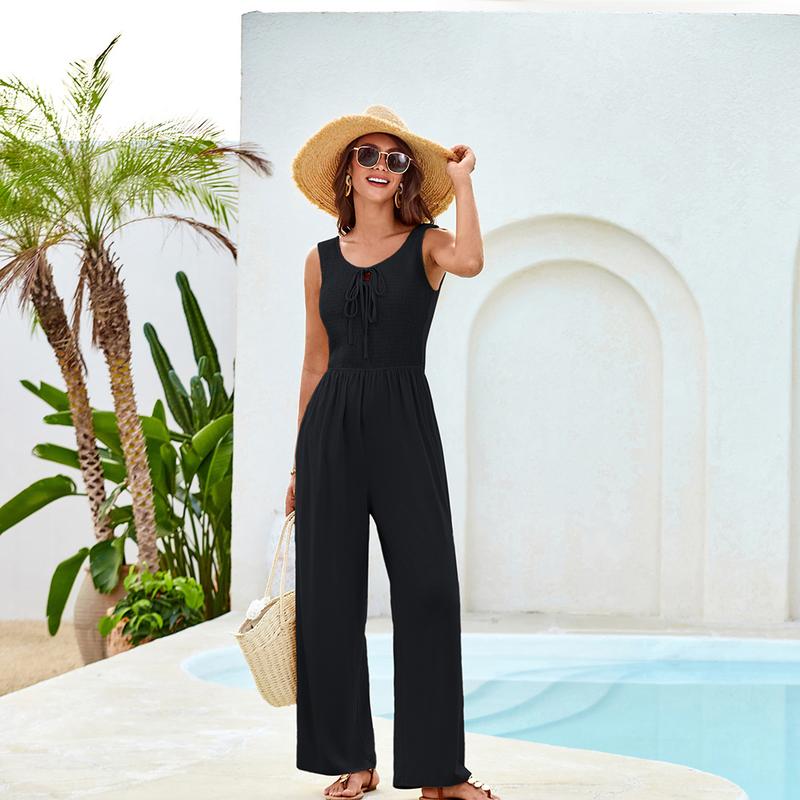 GRACE KARIN Jumpsuits for Women Bow Tie Front Overalls Smocked Tops Wide Legs Casual Knitted Outfits with Pockets