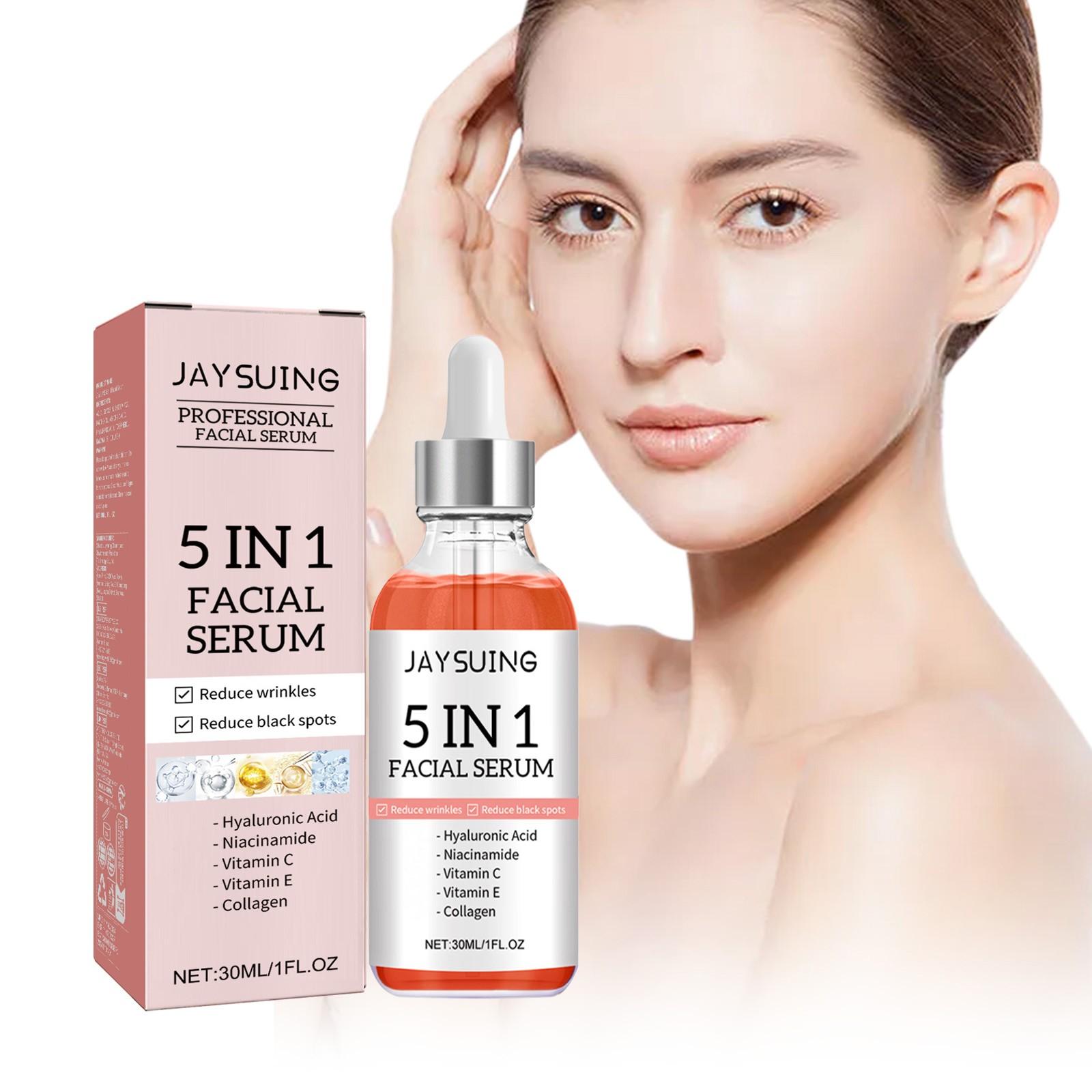 All-in-One 5-in-1 Hydrating Facial Essence, containing collagen, hyaluronic acid, niacinamide, vitamin C and E, suitable for all skin types, fragrance-free facial care.