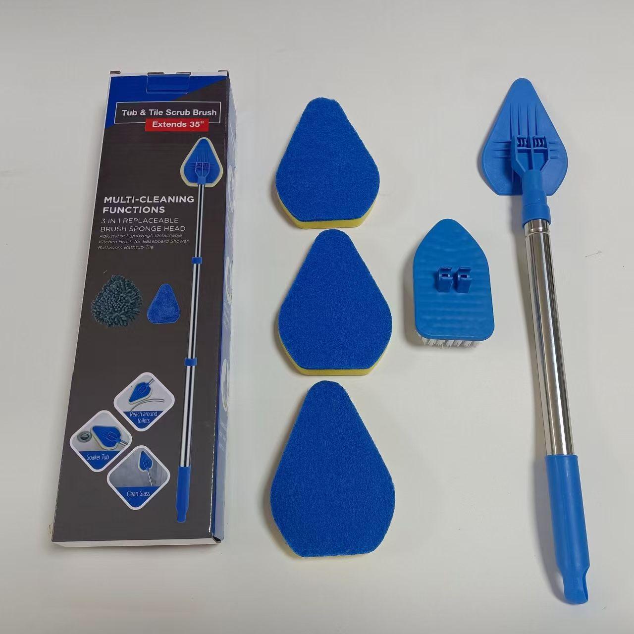 34" Extendable Tub & Tile Scrub Brush Set, 2-In-1 Shower Cleaner, Stainless Steel Handle, 3 Sponge Heads, Non-Scratch Cleaning Tool