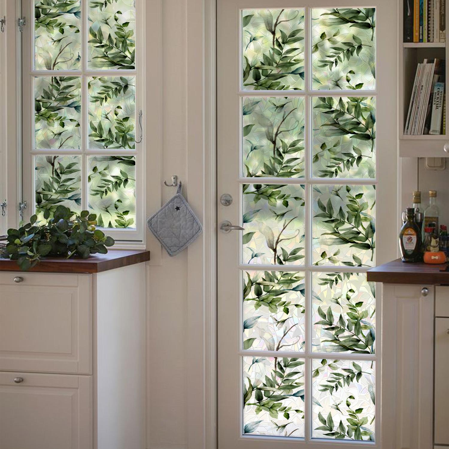 Leaf Laser Window Sticker, Spring Summer Fresh Style Decorative Static Window Sticker, Glue-Free Electrostatic Glass Decoration Film