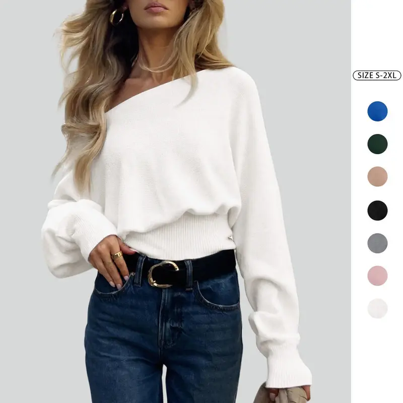 Imily Bela Women's Off Shoulder Sweater Long Sleeve Knit Top Casual Fall/Winter Slouchy Cinched Waist Soft Pullover Jumper