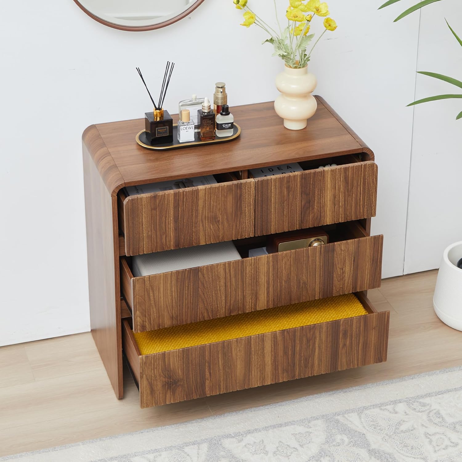 Giratree Fluted 4 Drawer Dresser for Bedroom Mid Century Modern Wide Chest of Drawer Curved Edge Wood Closet Dresser Nightstand with Storage for Bedroom Living Room Hallways Sideboard Giratree Fluted 4 Drawer Dresser for Bedroom Mid Century Modern Wide Chest of Drawer Curved Edge Wood Closet Dresser Nightstand with Storage for Bedroom Living Room Hallways Sideboard