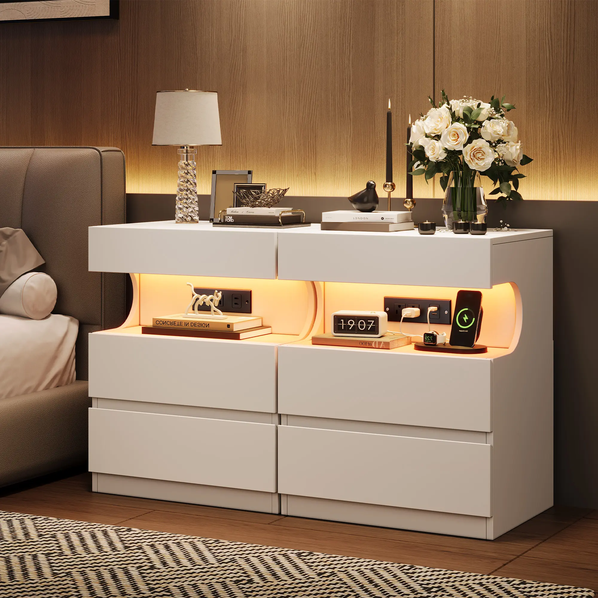 Smart LED bedside cabinet with Charging Station, App-Controlled Lights, 3 Drawers & U-Shape Open Shelf, USB Ports + Power Outlets, Modern Bedside Table for Bedroom