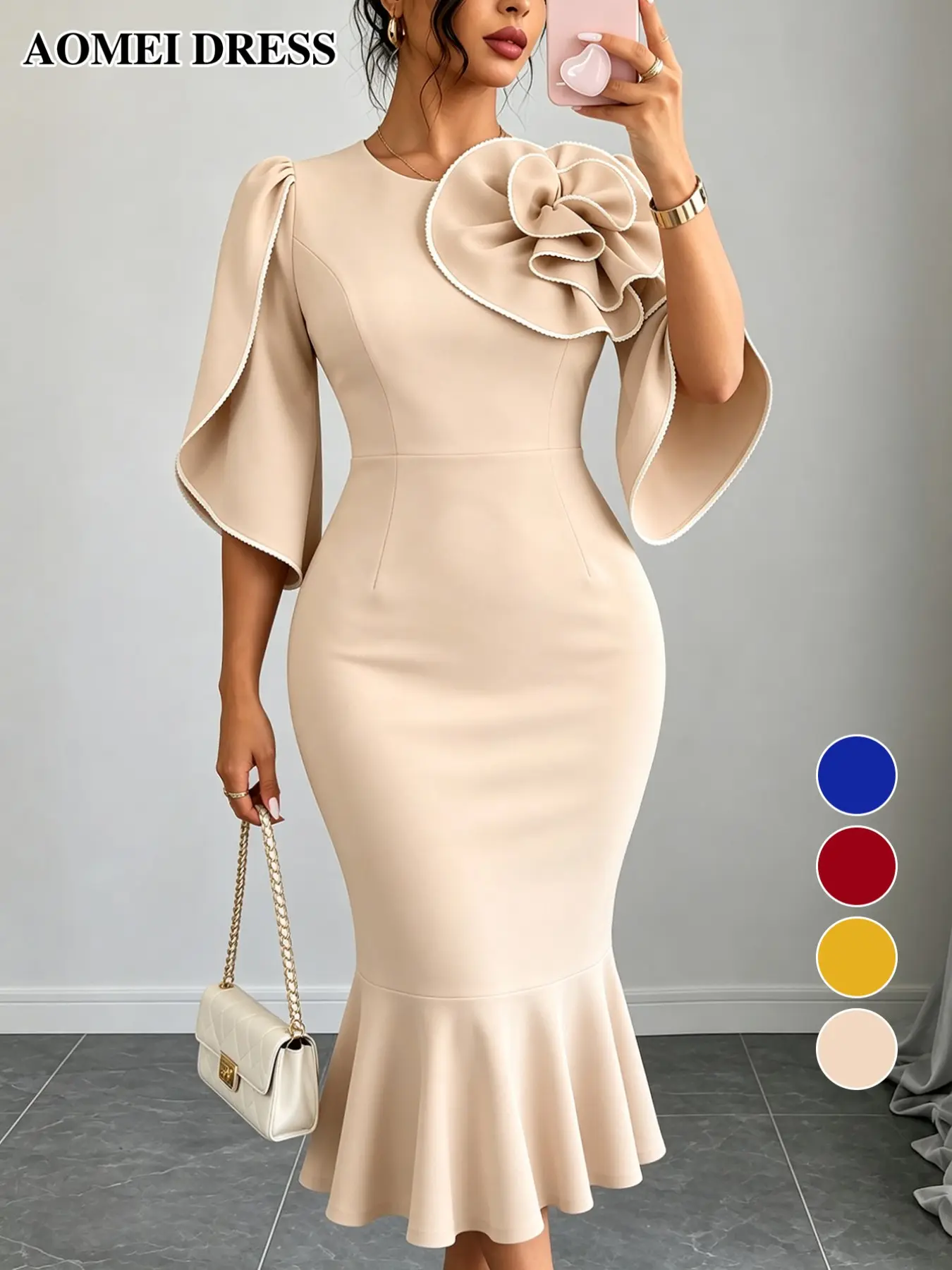 AOMEI DRESS Women Elegant 3D Floral Midi Dress, Short Sleeve Bodycon Dress with Natural Waist, Perfect for Parties and Weddings