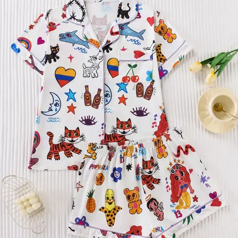 Women's Cartoon Full-Print Sleepwear Pajama Set, Premium Fabric, Soft and Smooth, Loose Fit Button-Up Short Sleeve Top and Shorts, Casual All Seasons