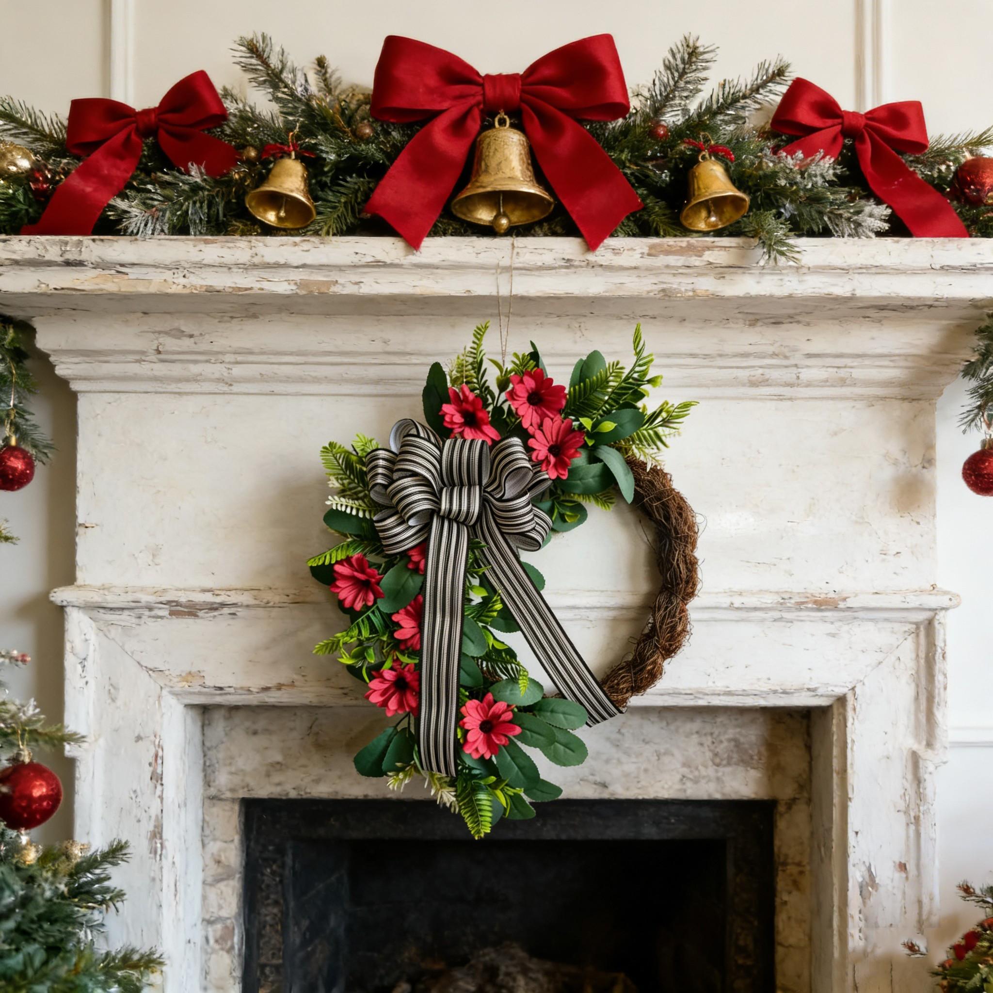 Vibrant Daisy Wreath with Lush Greenery and Striped Bow, Ideal for Porch and Entryway Decor, Perfect for Spring and Summer