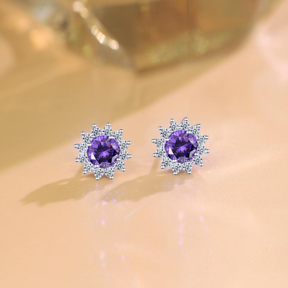 925 Sterling Silver Women'S Fashion Earrings Hypoallergenic Sparkling Purple 8MM Synthetic Zirconia Snowflake Shape Earrings for Women Romantic And Elegant Style Daily Wear Valentine'S Day Wedding Decoration Jewelry Gift Sunflower Design Fashionable Cute