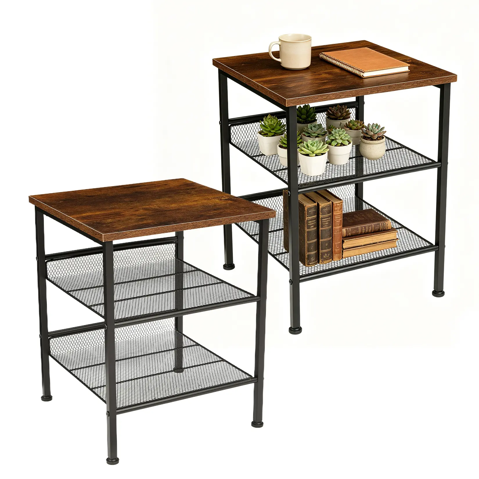 Set of 2 ,15.75" Industrial 3-Tier Square End Tables, Metal Side Tables with Mesh Shelves, Space-Saving Nightstands for Living Room