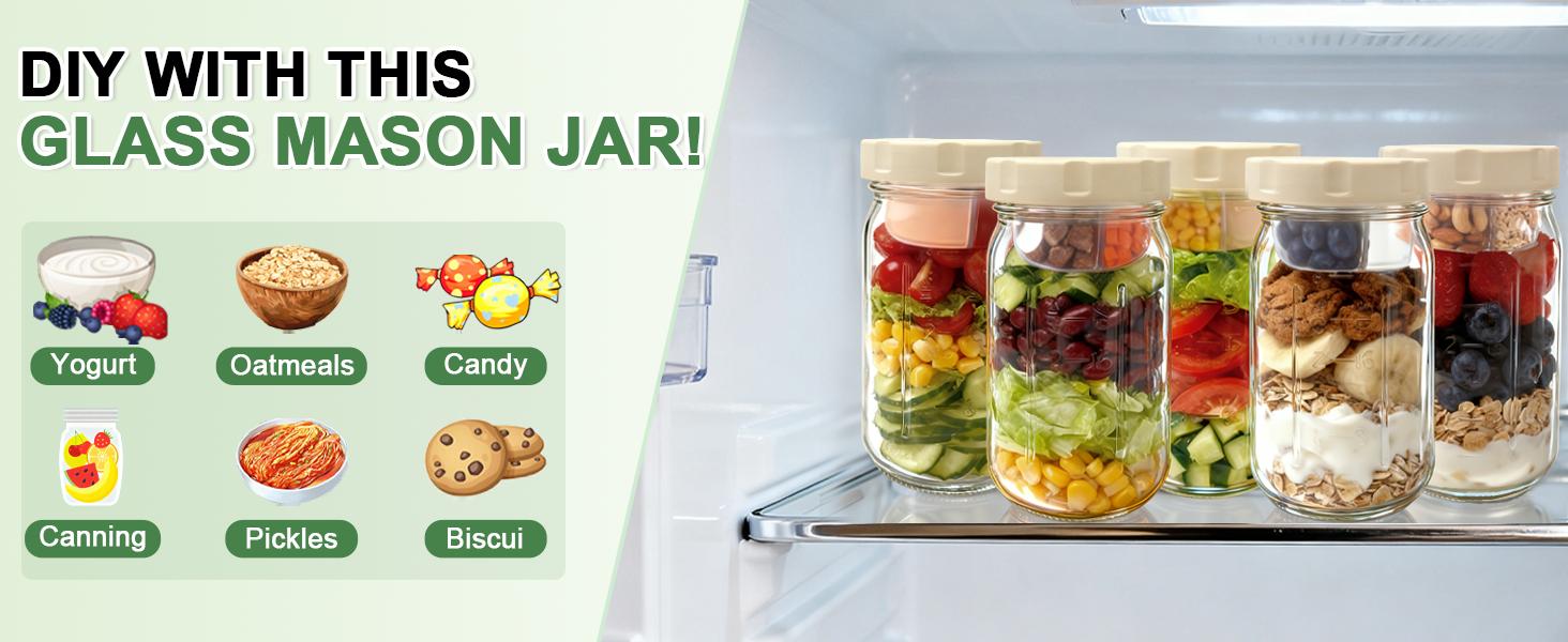 4 Pack Glass Salad Jars with Lids,32oz Mason Jars for Meal Prep,Leakproof Lunch Container with Two Small Built-in Boxes for Wet/Dry Separation of Salad Dressing and Dry Ingredients( Apricot White)