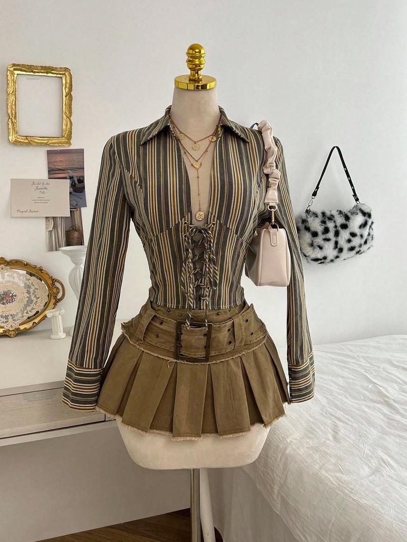1 Piece Retro Striped Waist-Cinched Shirt Set | Euro-Hong Kong Style | Deep V Drawstring + Slim-Fit Silhouette | Elegant Pick for Daily Commute / Coffee Dates / Valentine's Day