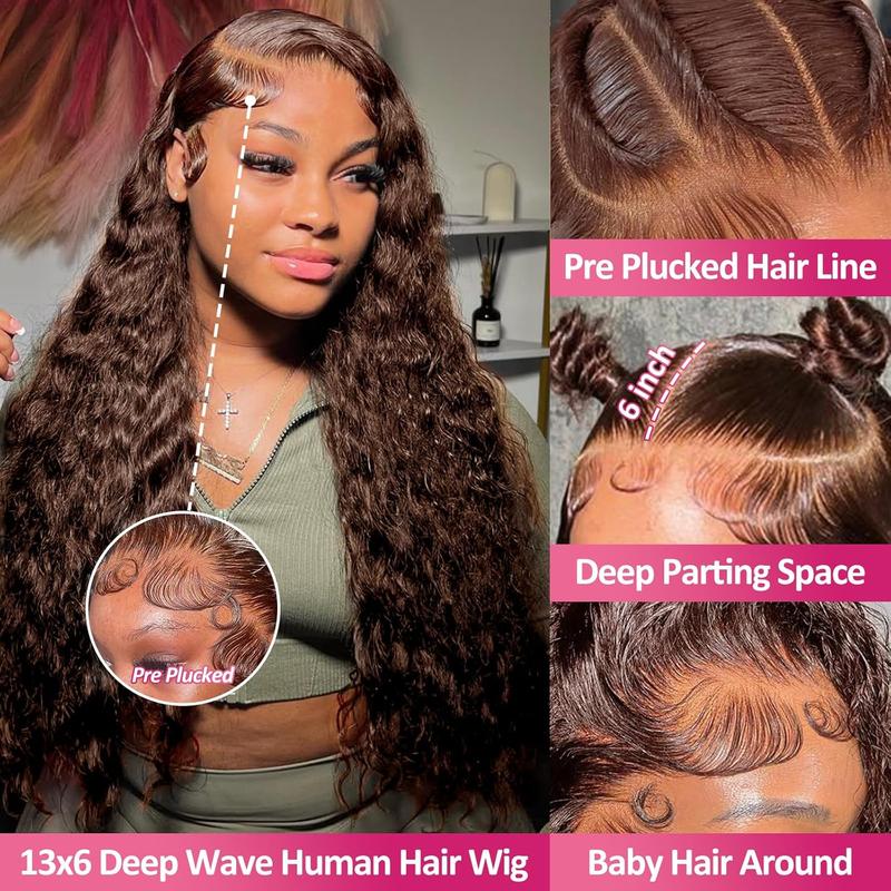 Bling Hair Deep Wave Chocolate Brown Colored 13x4/13x6 HD Transparent Lace Wigs Human Hair 180% Density for Women Pre Plucked with Natural Hairline