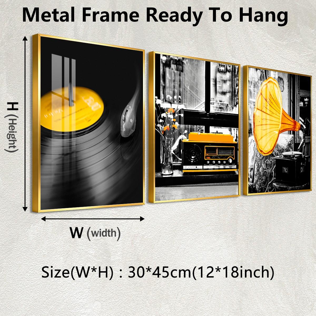 3 Counts Aluminum Alloy Framed Painting, Retro Vinyl Record Radio And Gramophone Pictures, Home Decoration For Living Room, Bedroom, Office, Restaurant, Hallway Wall Decor, Odorless Print Artwork, Luxury Perfect Gift For Friends And Family