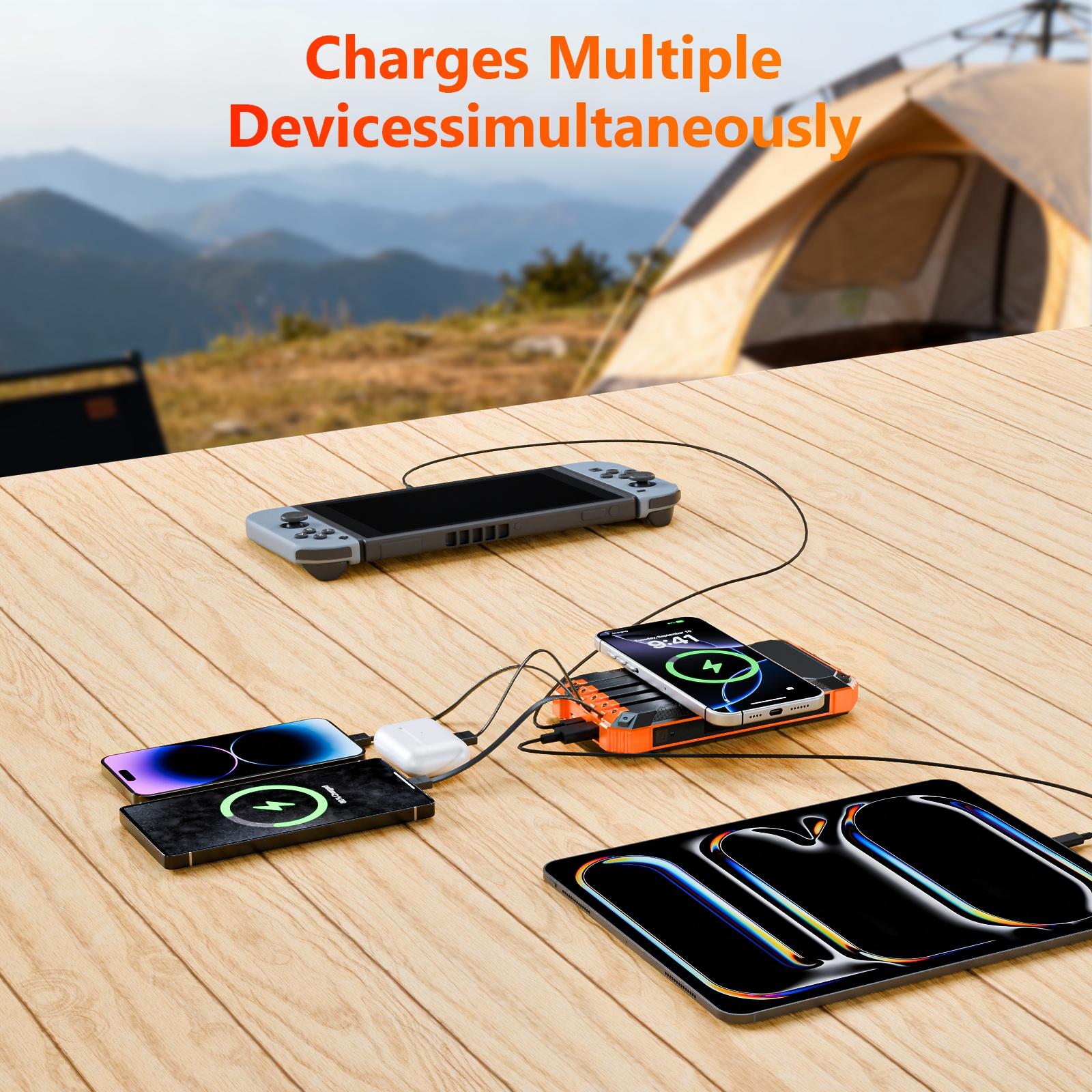46800mAh Solar Charger Power Bank Wireless Charger Built in 4 Cables 6 Outputs, 15W Fast Charging Power Bank for All Mobile Devices with Dual Flashlights