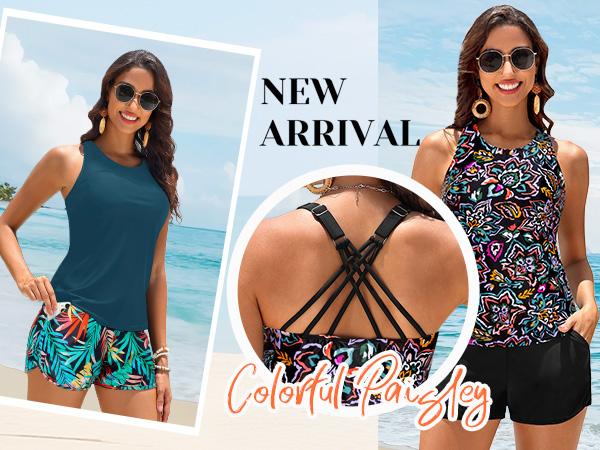 Daci Women Two Piece Tankini Swimsuits - Tummy Control Bathing Suits with Shorts 2026 High Neck Swimwear Two Side Pockets