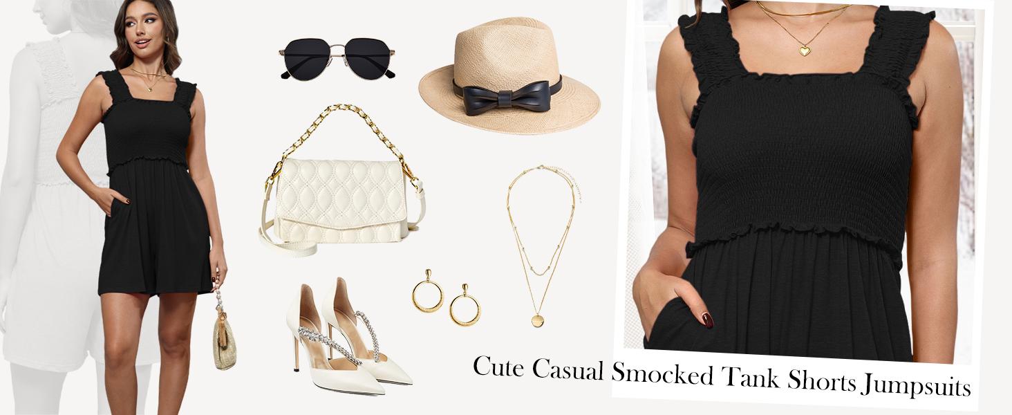 Chulianyouhuo Women's Black Fitted Rompers with Square Neck & Ruffle Straps - Sleeveless Smocked Loose Jumpsuit with Pockets for Casual Wear S-3XL Minimalist Womenswear