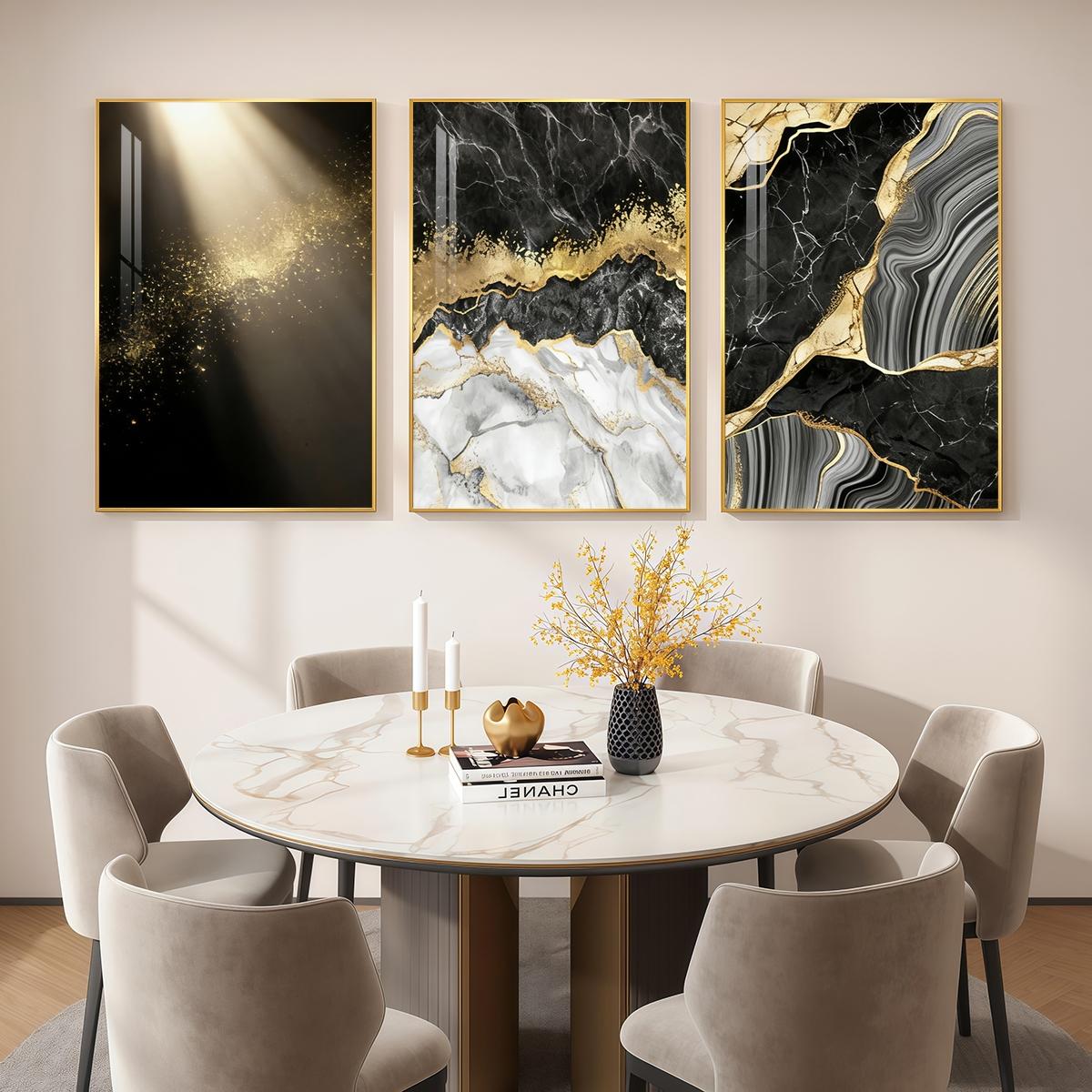 3 Counts Aluminum Alloy Framed Painting, Abstract Black Gold Marble Texture Pictures, Home Decoration For Living Room, Bedroom, Office, Restaurant, Hallway Wall Decor, Odorless Print Artwork, Luxury Perfect Gift For Friends And Family