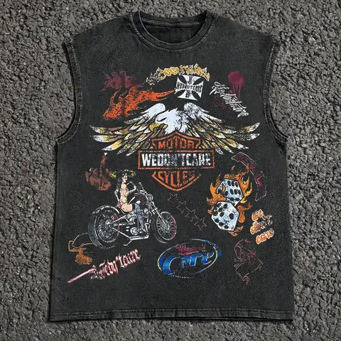 Men's Vintage Graphic Print Round Neck Cotton Tank Top, Casual Sleeveless Top for Summer, Men's Top for Daily Wear