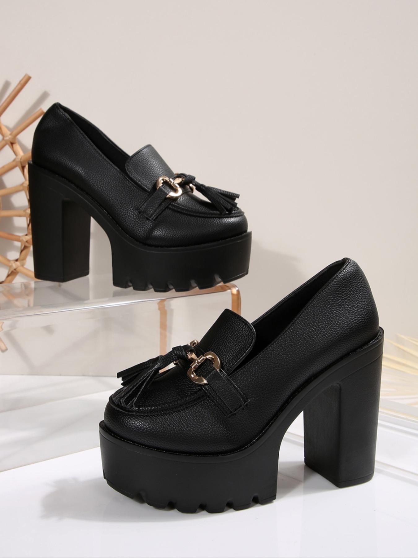 Women's Fashion Elegant Classic High Heels, Metal Decor Faux Fur Design, Stage Style Thick Sole Punk Shoes, All Season Wedding Comfortable Wear, Tassel Shoes