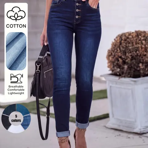 Women's Elastic Casual Slim-Fit Jeans Pants, Rolled Hem, Button Fly, All Seasons, Fashionable for Daily Wear, Comfortable and Stylish