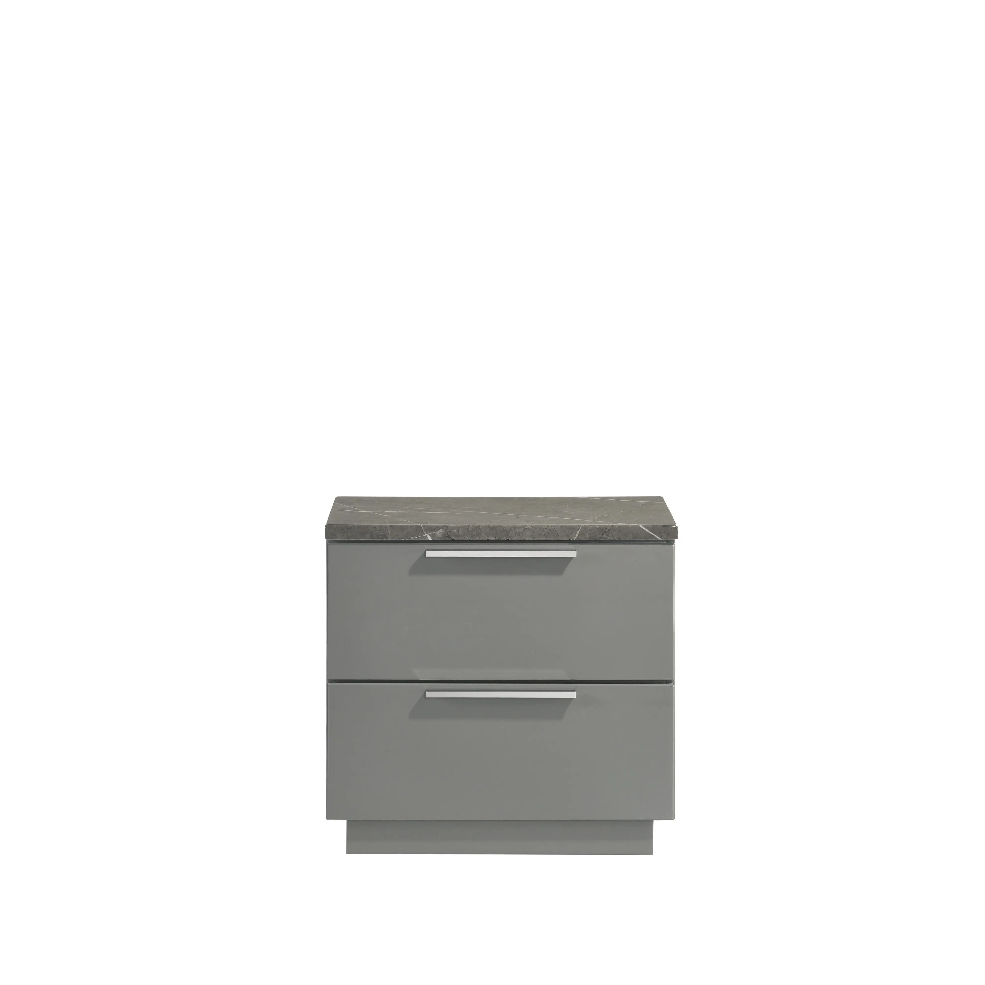 Modern Gray Nightstand with 2 Drawers, High-Gloss Marble and Lacquer Finish, Red Velvet-Lined Top Drawer, Metal-Finished Legs, Acacia Wood and MDF, Bedroom Bedside Table