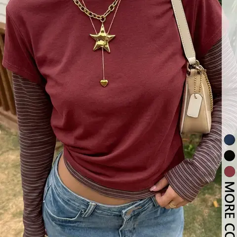 Women's Faux Two Piece Contrast Striped Sleeve Top Crew Neck Long Sleeve Cropped Silhouette Slim Figure Flattering Fit Retro Casual Streetwear Style Perfect for Daily Errands Brunch Hangouts