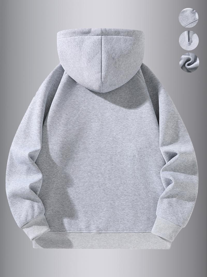 Men's Fleece-Lined Casual Fuzzy Hoodie, Plain Basic Shoulder Pad Warm Sweatshirt, Ideal for Cold Weather, Outdoor Sports, Streetwear