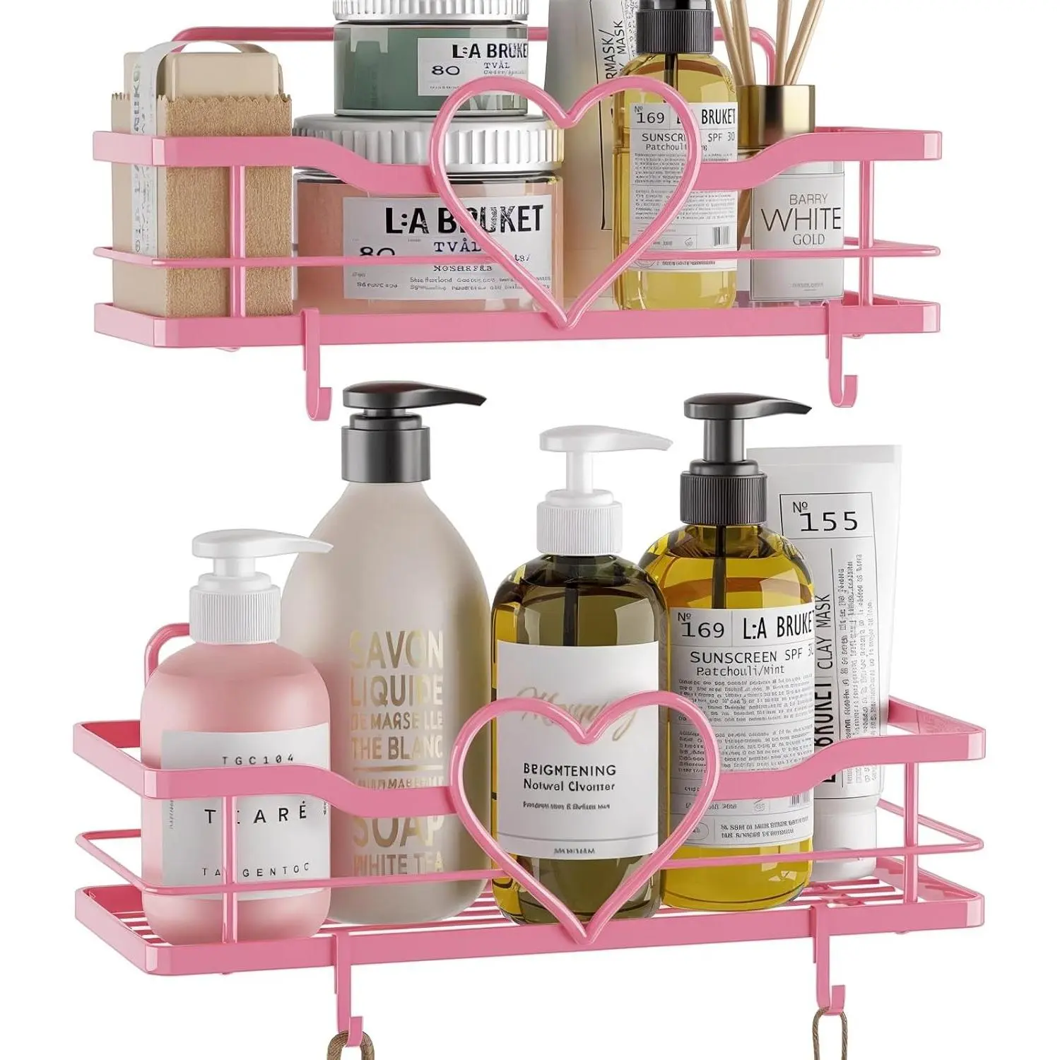 Pink Shower Caddy with 4 Removable Hooks, 2 Pack Sweet Heart Shower Shelves, No Drilling Adhesive Organizer Shelf for Bathroom Shower, Kitchen, Bedroom