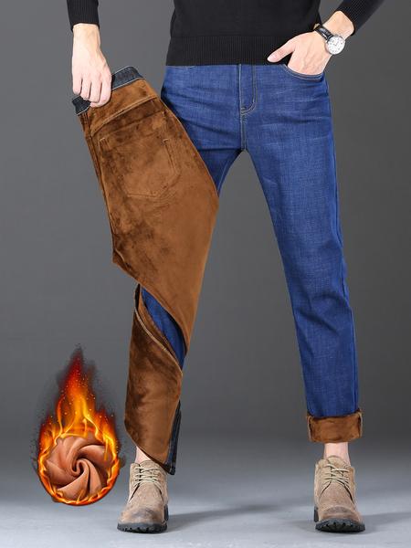 Men's Fleece Lined Thick Denim Jeans, Loose Straight Leg Elastic Big Size Business Casual Pants for Fall Winter, Comfortable & Stylish