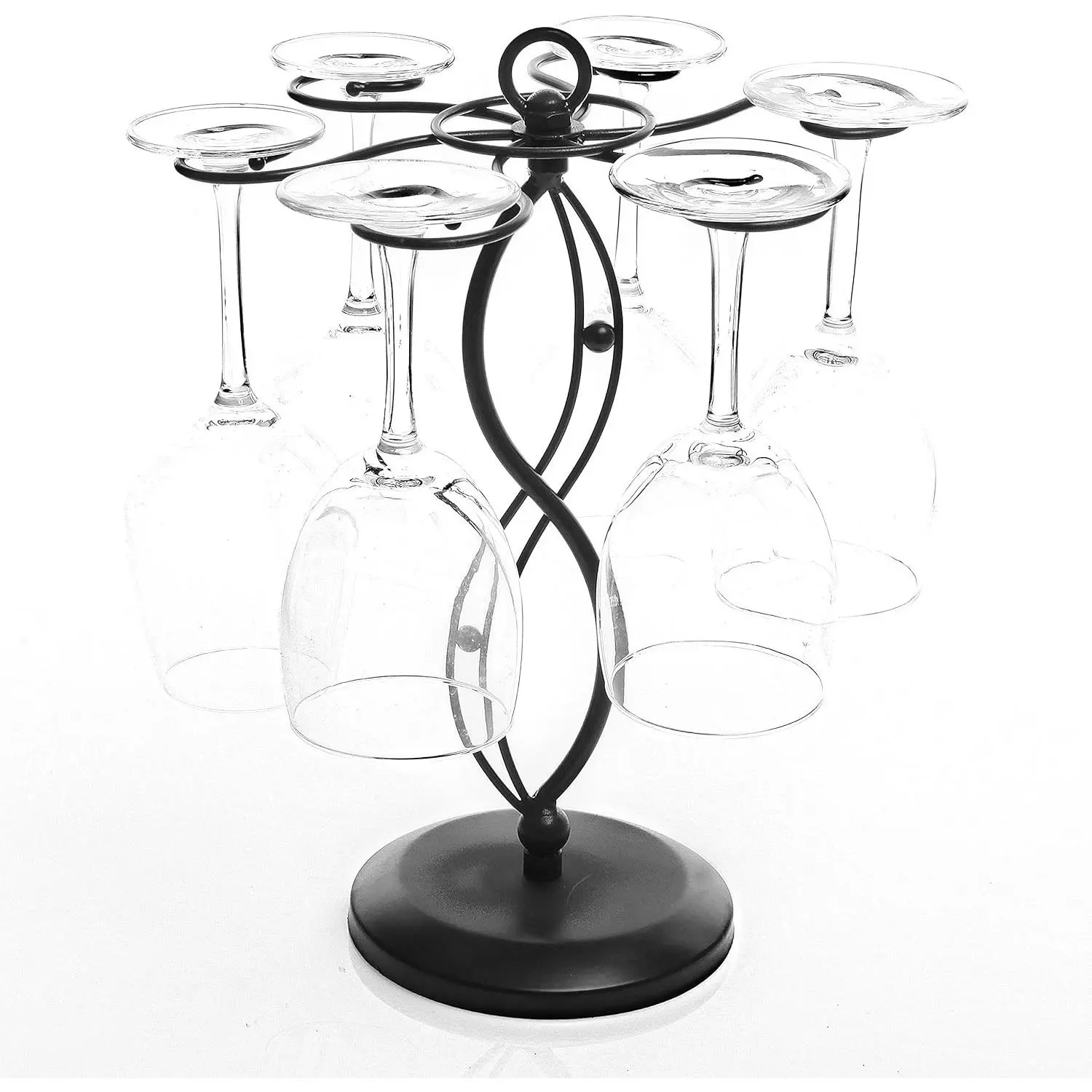 6-Hook Rotating Wine Glass Rack with Sturdy Base & Scrollwork Design - Black Metal Countertop Stemware Holder | Rust-Resistant, Space-Saving Storage for Kitchen, Bar, Dining Table (13.75" H)