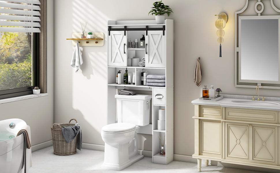 Vabches Farmhouse Over The Toilet Storage Cabinet with Sliding Doors & Adjustable Shelf for Bathroom Organization, Space-Saving Wood Rack for Toiletries & Decor