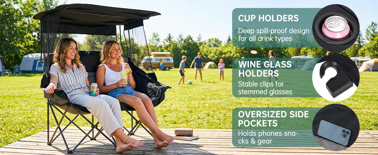 MOPHOTO XXL Double Camping Chair with Shade Canopy, Fully Padded Folding Camping Loveseat , Oversized Camping Bench Lawn Chairs Patio Lounge Chairs for Adults